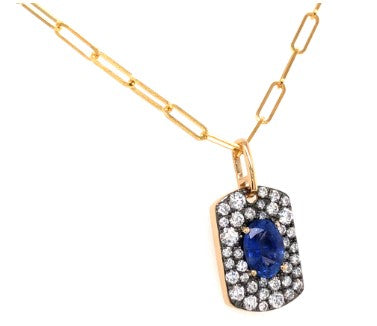 Oval Sapphire and Diamond Pendant with Paperclip Link Necklace