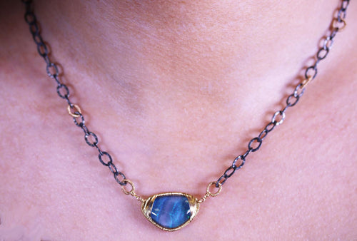 Opal Pendant with Chain Link Necklace