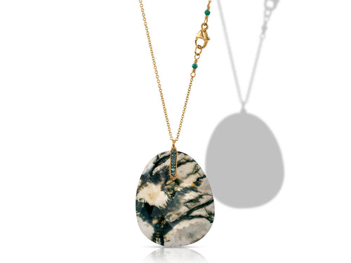 Moss Agate and Teal Diamond Pendant Necklace