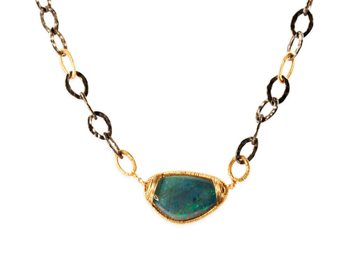 Opal Pendant with Gold and Silver Chain Link Necklace