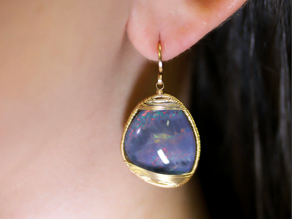 14K Yellow Gold Blue Opal Earrings - 14K Opal Drop Earrings - offers Gemstone