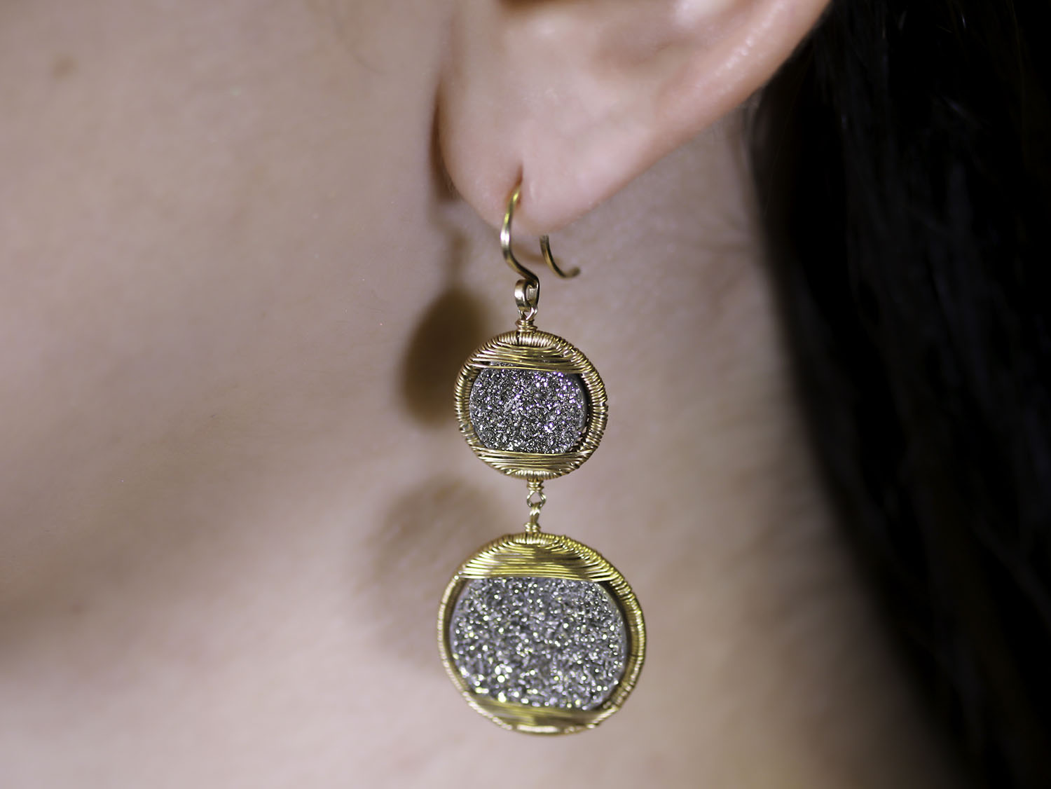Druzy Diamond Dangle Earrings in 14K Yellow Gold
