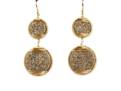 Gray Druzy Dangle Earrings in 14K Yellow Gold