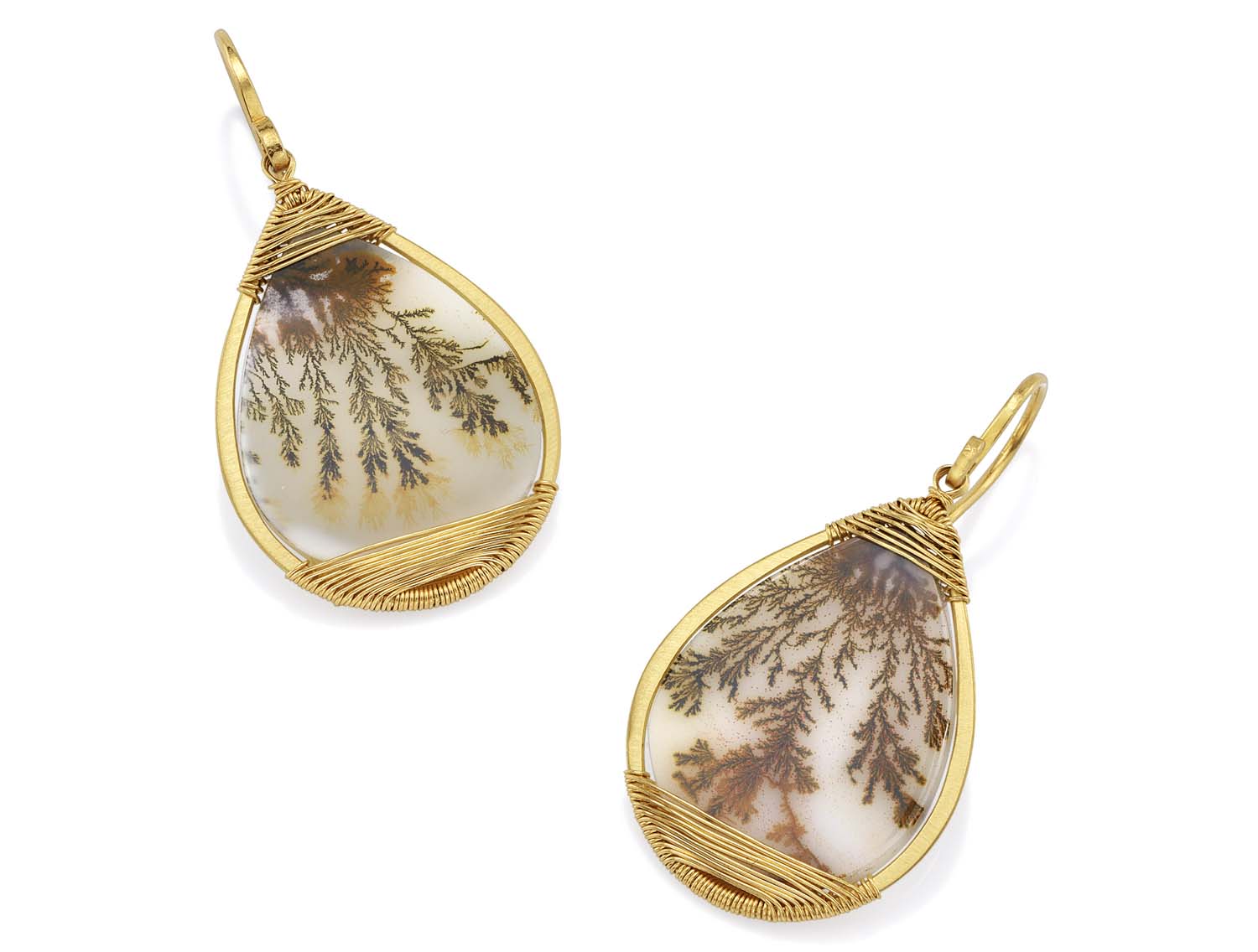 Dendritic Agate Drop Earrings in 14K Yellow Gold