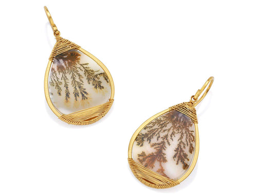 Dendritic Agate Drop Earrings in 14K Yellow Gold