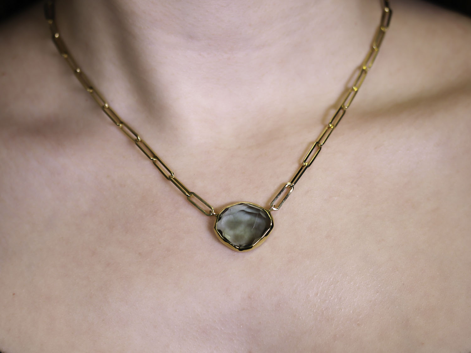 Green Amethyst Pendant with Paperclip Chain Necklace