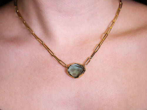 Green Amethyst Pendant with Paperclip Chain Necklace