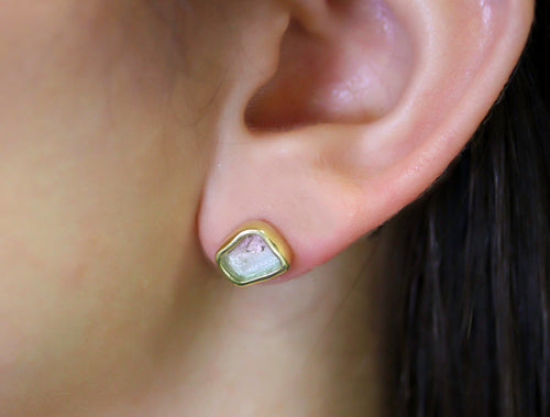 Bezel Set Watermelon Tourmaline Stud Earrings