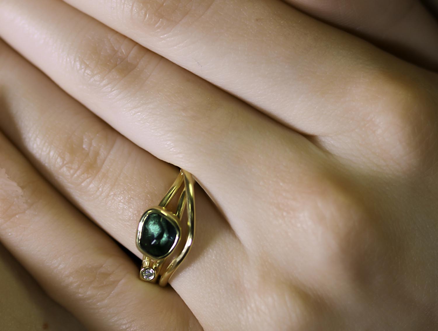 Green Tourmaline and Diamond Triple Row Ring