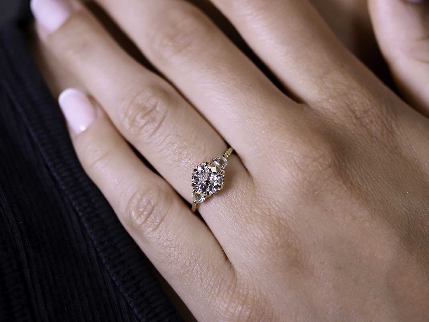 Antique Diamond Three-Stone Evergreen Engagement Ring