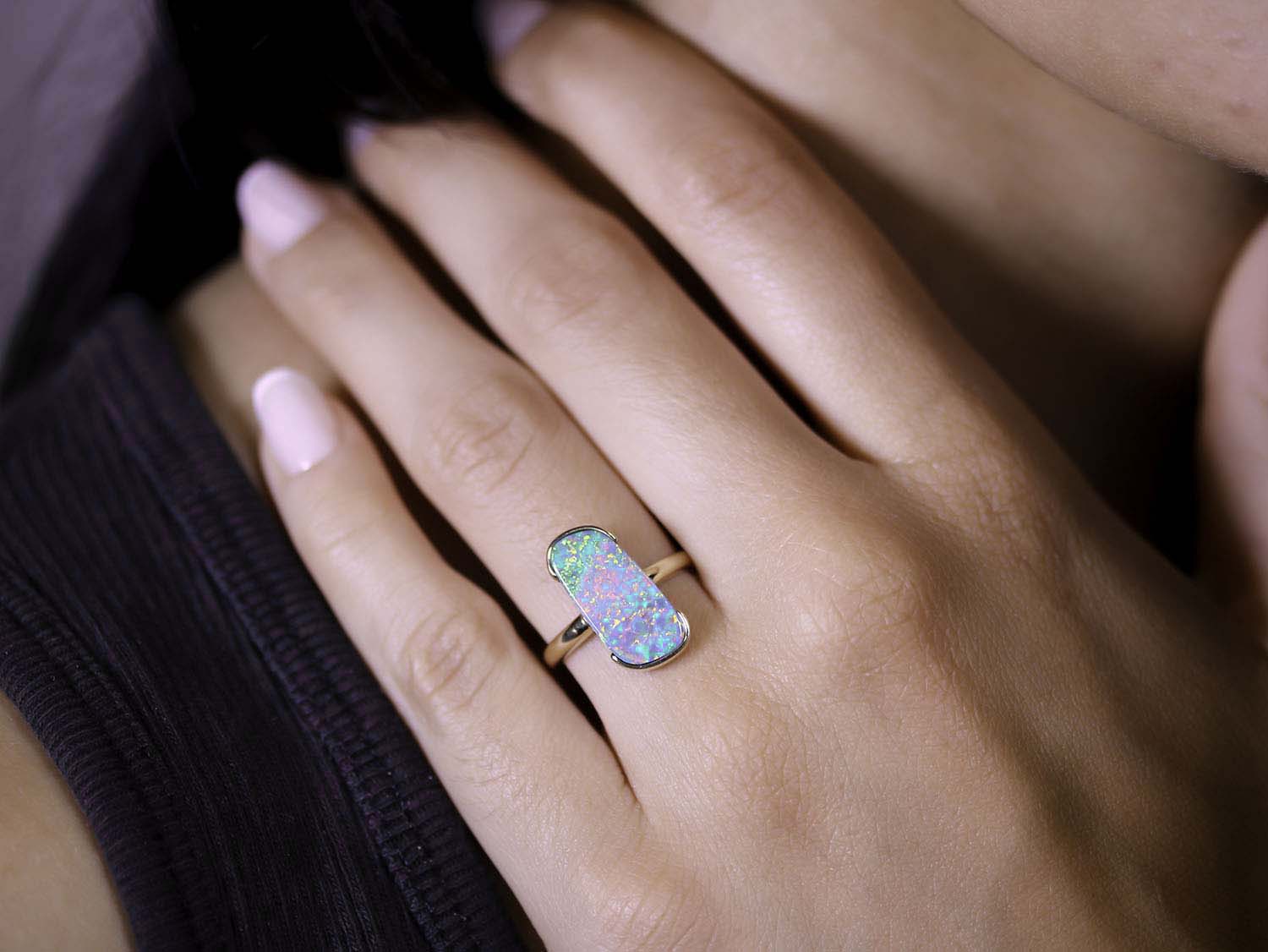 Australian Opal Doublet Ring in 14K Yellow Gold