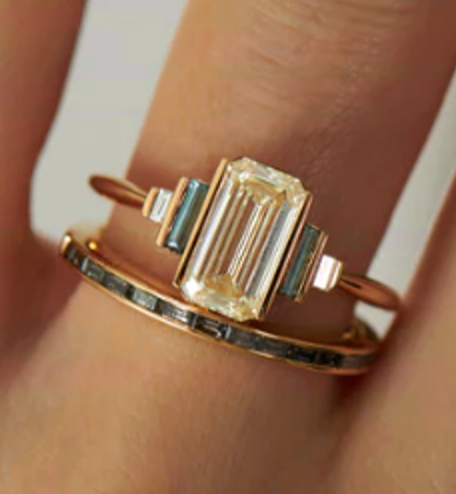 Emerald Cut Diamond and Teal Sapphire Engagement Ring
