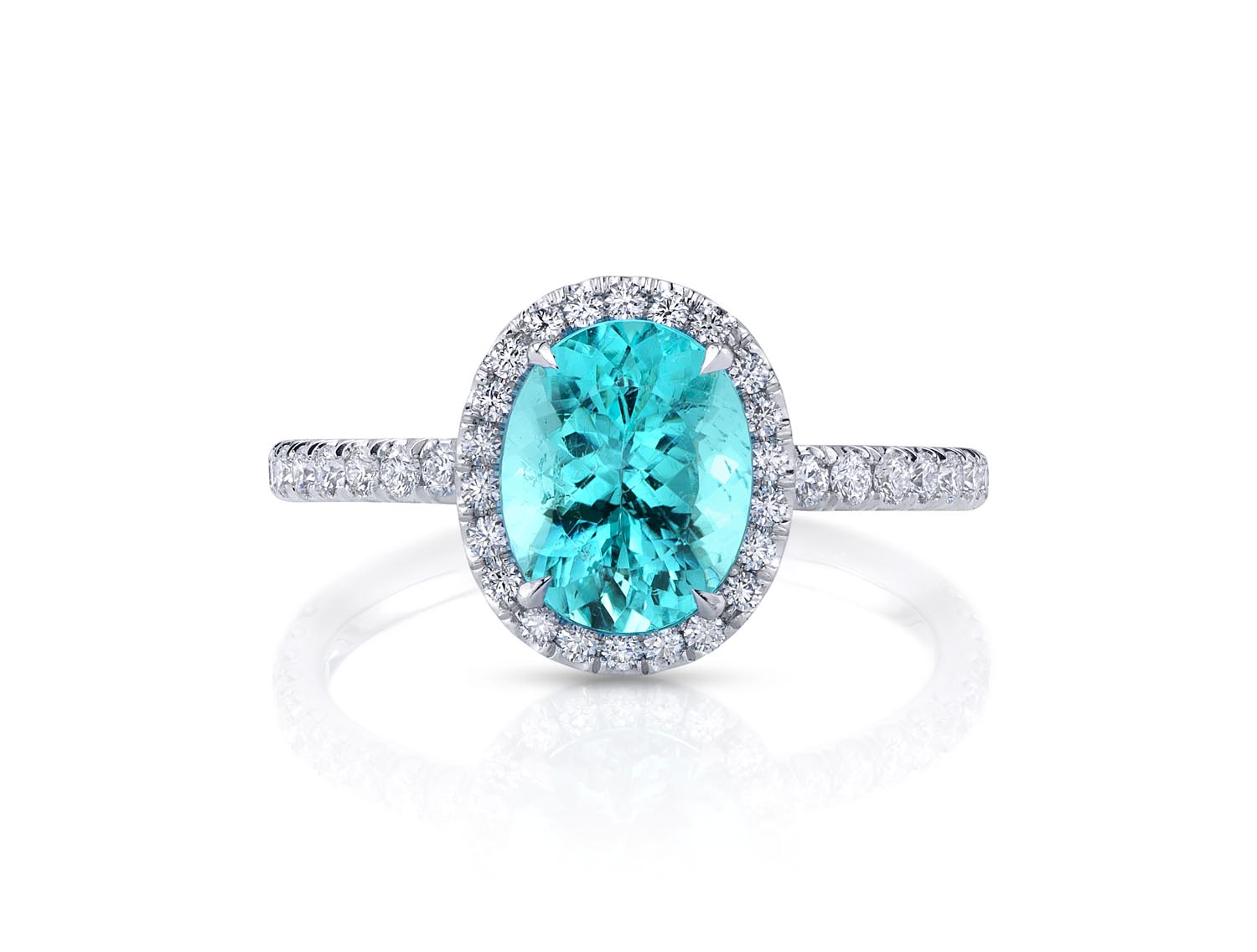 Paraiba Tourmaline and Diamond Halo Ring in Platinum