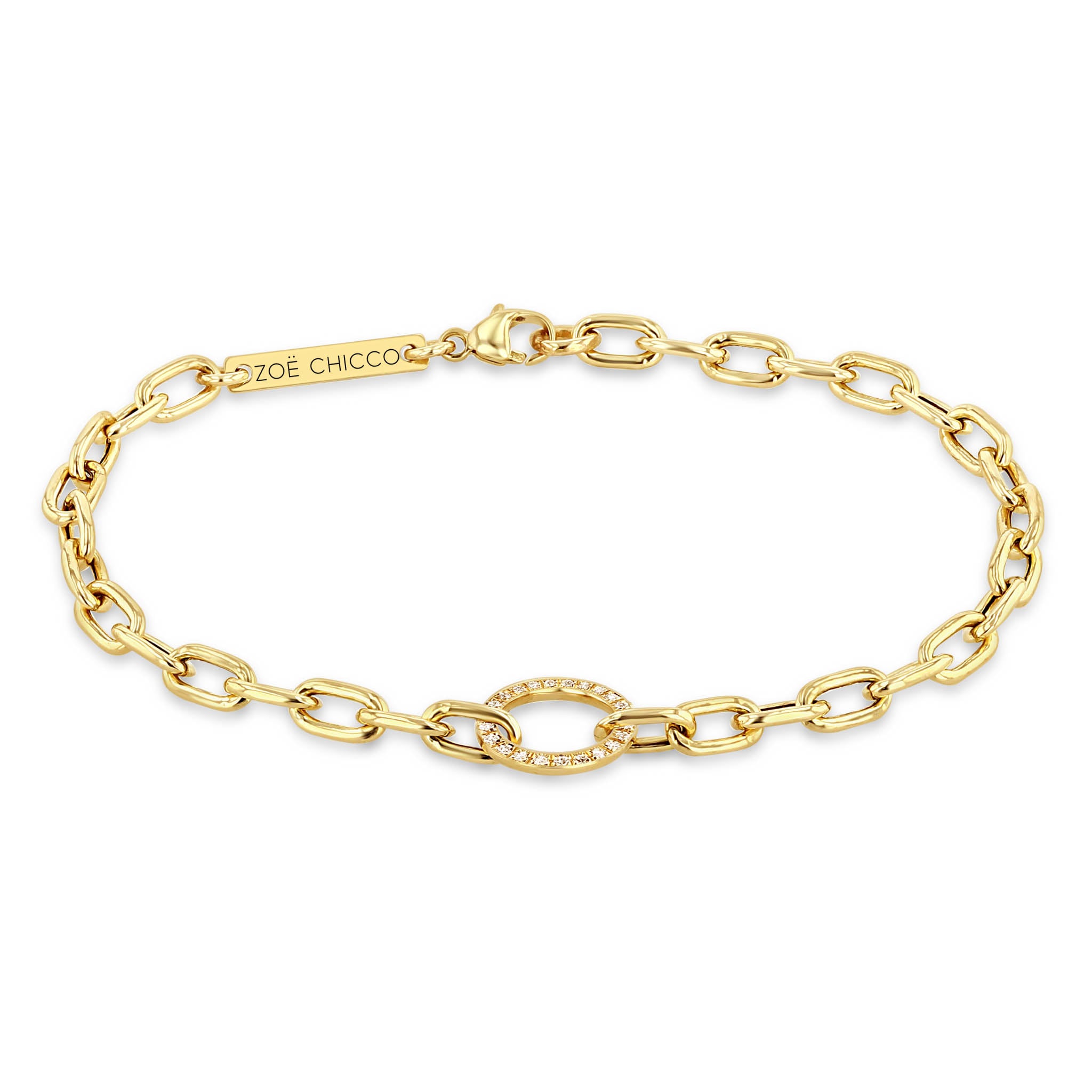 Oval Link Chain Bracelet with Diamond Circle in Yellow Gold