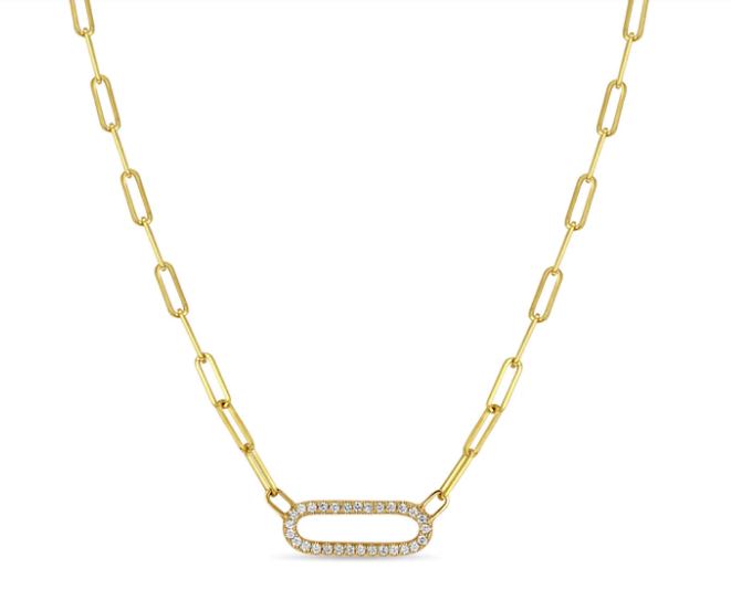 Paperclip Chain Necklace with Pavé Diamond Pendant in Yellow Gold