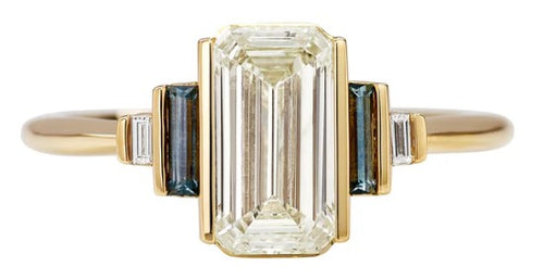 Emerald Cut Diamond and Teal Sapphire Engagement Ring