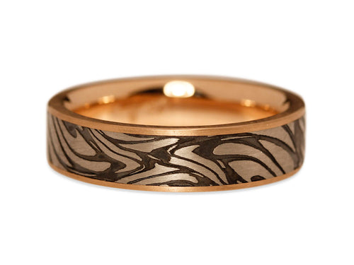 Precious Damascus Steel and 14K Rose Gold Men's Wedding Band