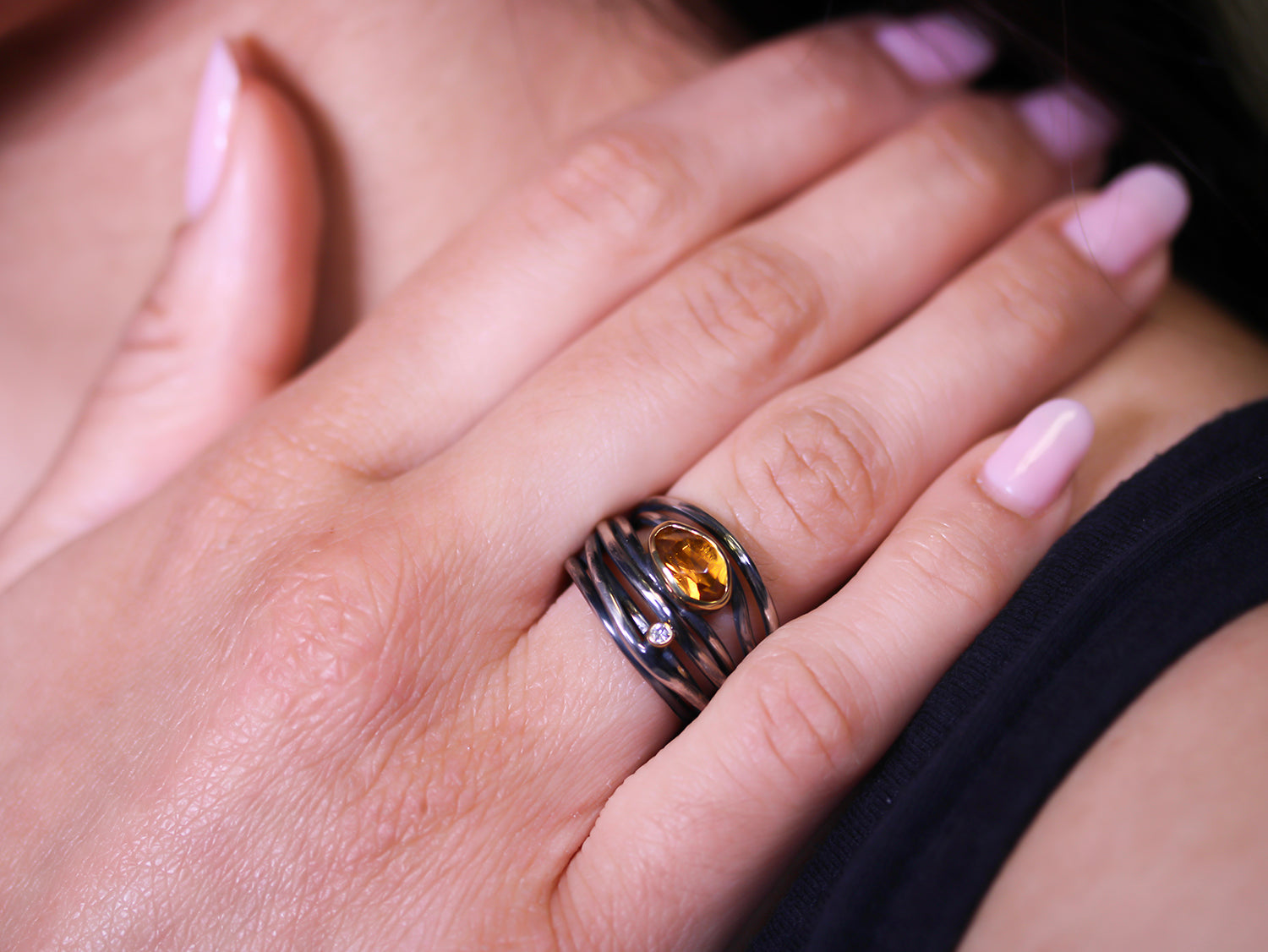 Mandarin Garnet and Diamond Twist Ring