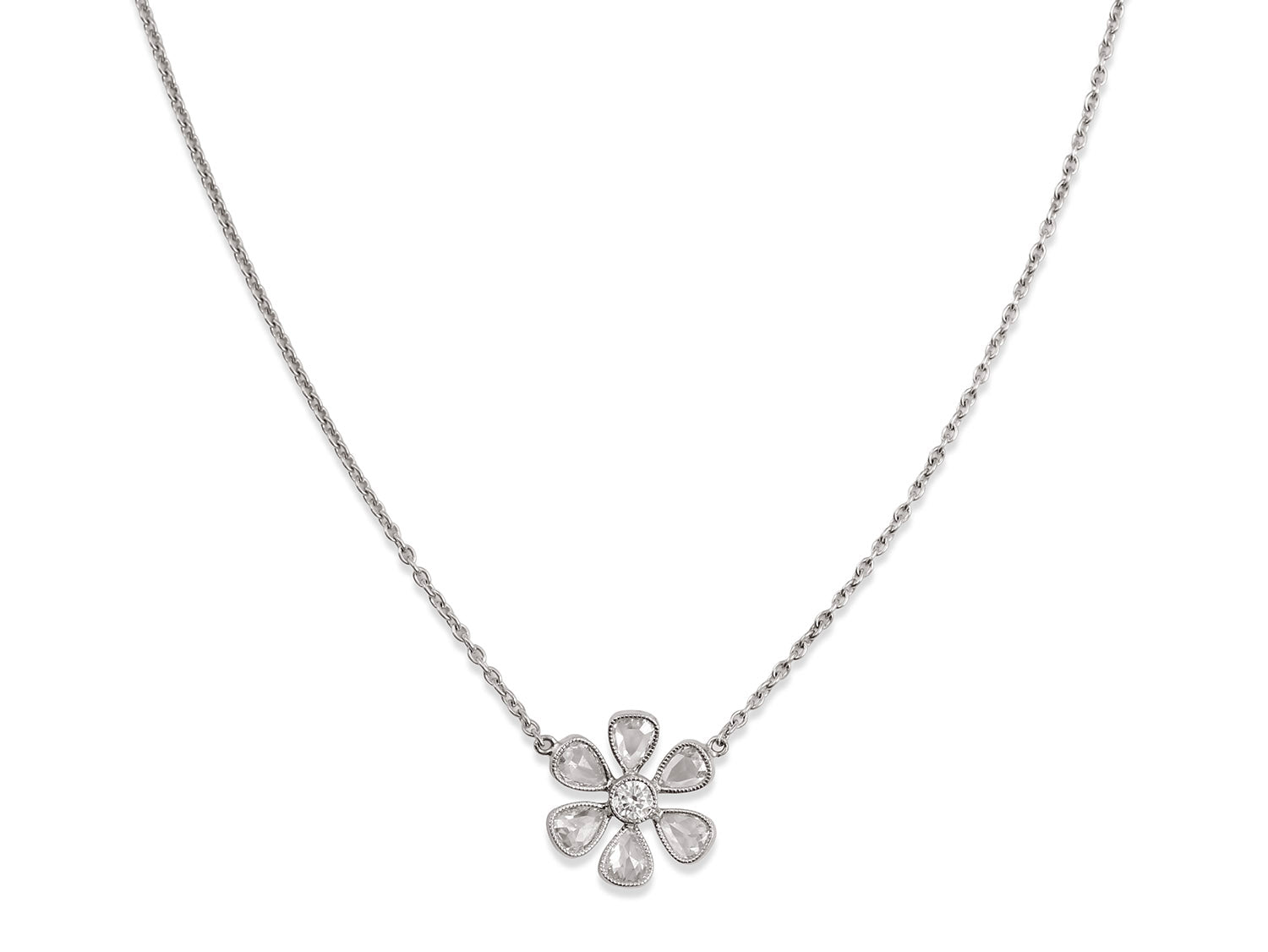 Rose Cut Diamond Flower Necklace in Platinum