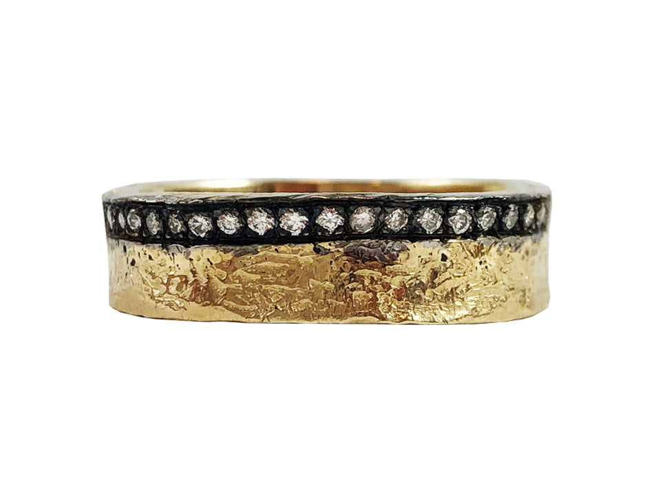 Diamond Men's Wedding Band with Textured and Oxidized Gold