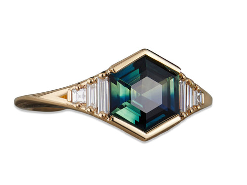Hexagon Teal Sapphire and Baquette Diamond Engagement Ring