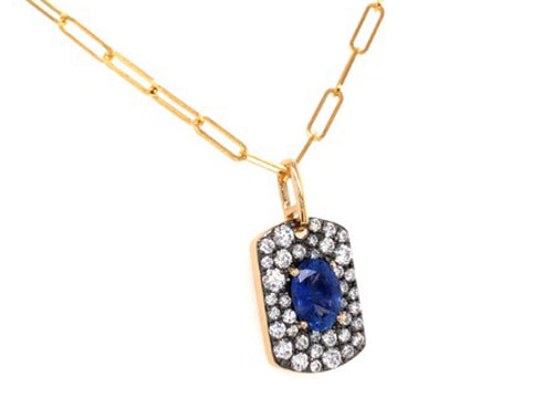 Sapphire and Diamond Pendant with Paperclip Link Necklace