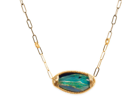 Opal Pendant with Gold and Silver Chain Link Necklace
