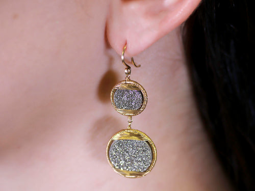 Gray Druzy Dangle Earrings in 14K Yellow Gold