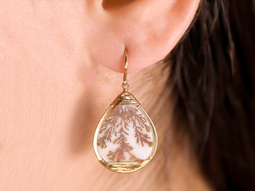 Dendritic Agate Drop Earrings in 14K Yellow Gold