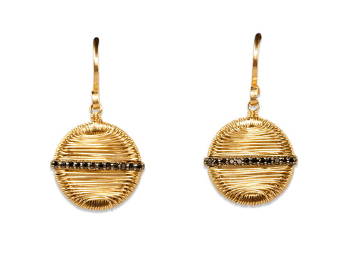 Black Diamond and Gold Wire-Wrapped Disc Earrings