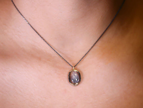 Dendritic Agate and Black Diamond Pendant Necklace