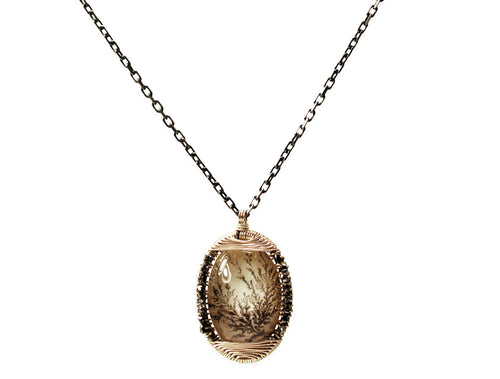 Dendritic Agate and Black Diamond Pendant Necklace