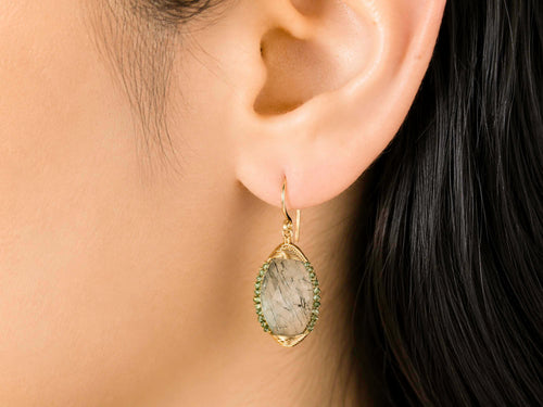 Green Rutilated Quartz and Green Diamond Drop Earrings