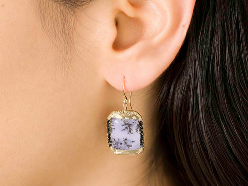 Dendritic Agate and Black Diamond Drop Earrings