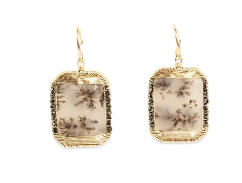 Dendritic Agate and Black Diamond Drop Earrings