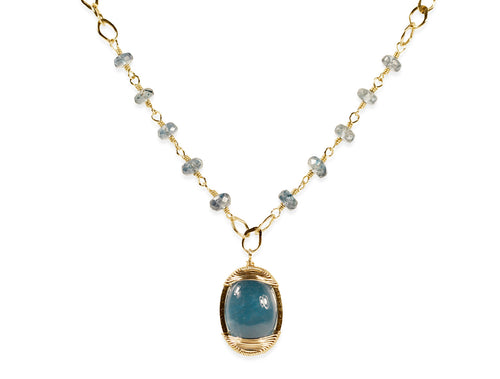 Gold-framed Aquamarine Pendant with Aquamarine Bead Necklace