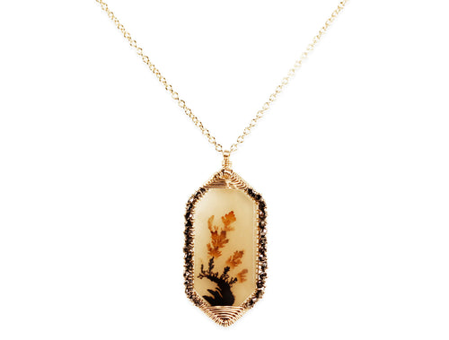 Dendritic Agate and Black Diamond Pendant Necklace