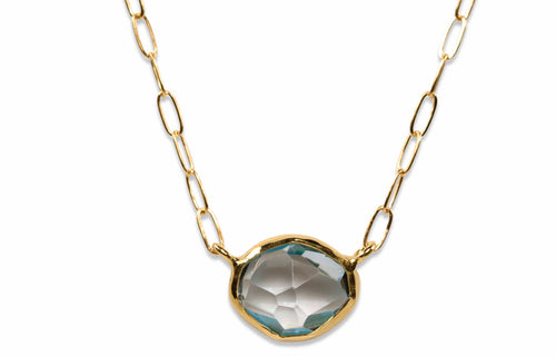 Bezel Set Aquamarine Pendant with Paperclip Chain Necklace