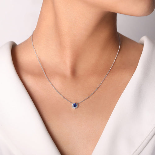Sapphire and Halo Diamond Necklace in White Gold