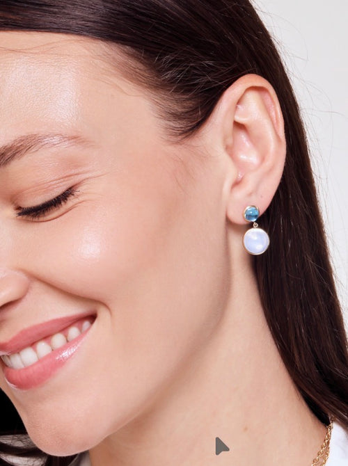 Blue Topaz and Moon Quartz Cabochon Drop Earrings