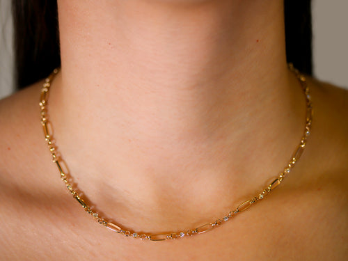 Prong Diamond and Paperclip Rolo Chain Necklace