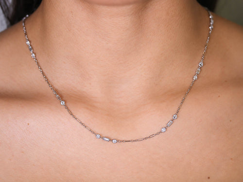 Bezel Set Baguette and Round Diamond Necklace