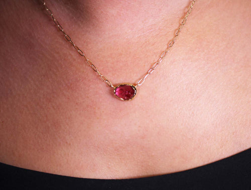 Bezel Set Pink Tourmaline Pendant with Paperclip Chain Necklace