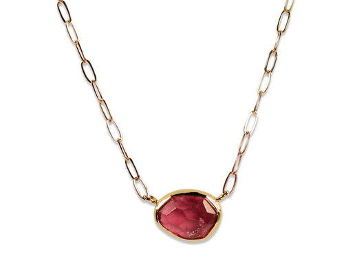 Bezel Set Pink Tourmaline Pendant with Paperclip Chain Necklace