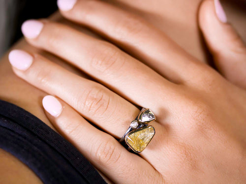 Bezel Set Rutilated Quartz and Diamond Ring