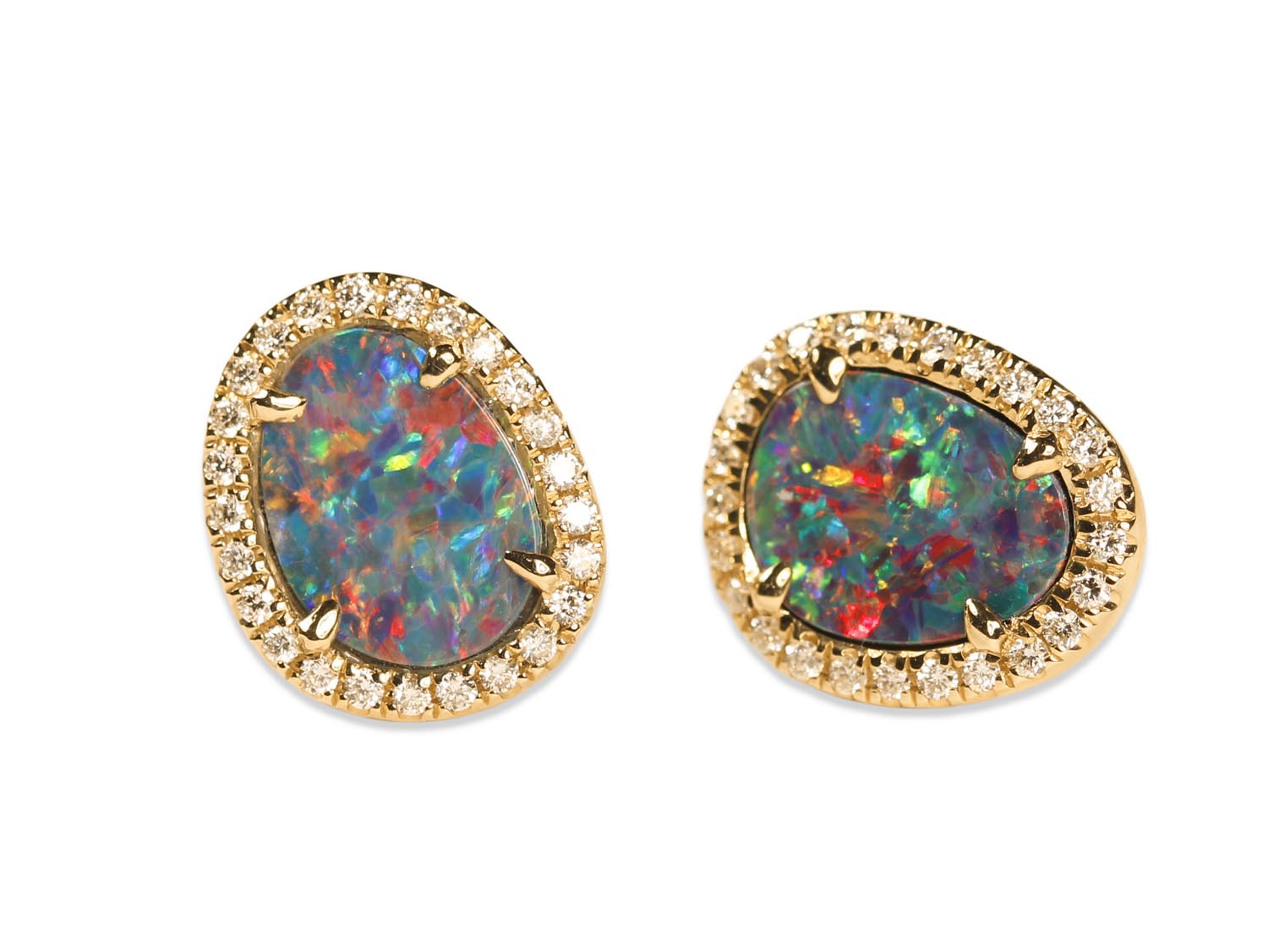 Australian Opal Doublet and Diamond Stud Earrings in 14K Yellow Gold