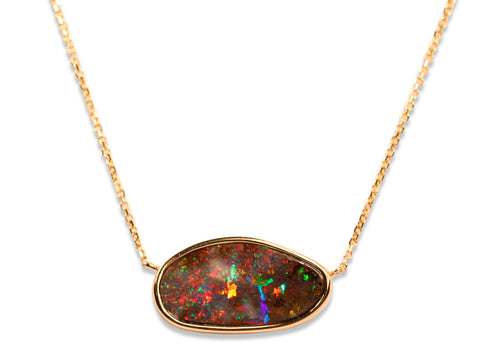 Australian Boulder Opal and Mandarin Garnet Necklace in 14K Yellow Gold