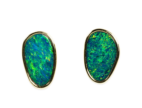 Australian Opal Doublet Stud Earrings in 14K Yellow Gold