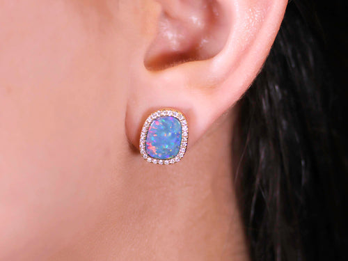 Australian Opal Doublet and Diamond Stud Earrings in 14K Yellow Gold