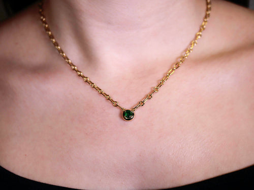 Round Natural Emerald Pendant with Link Chain Necklace